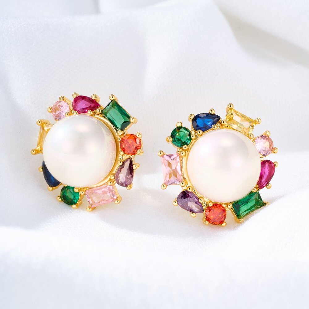 Alicia Bonnie Rainbow Gemstone Halo Pearl Stud Earrings Multicolor Crystal